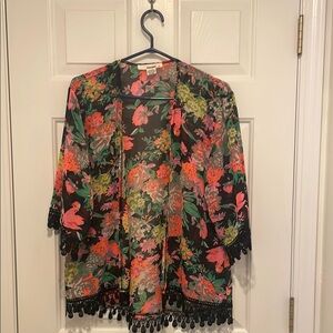 Floral Kimono Jacket with Black Trim